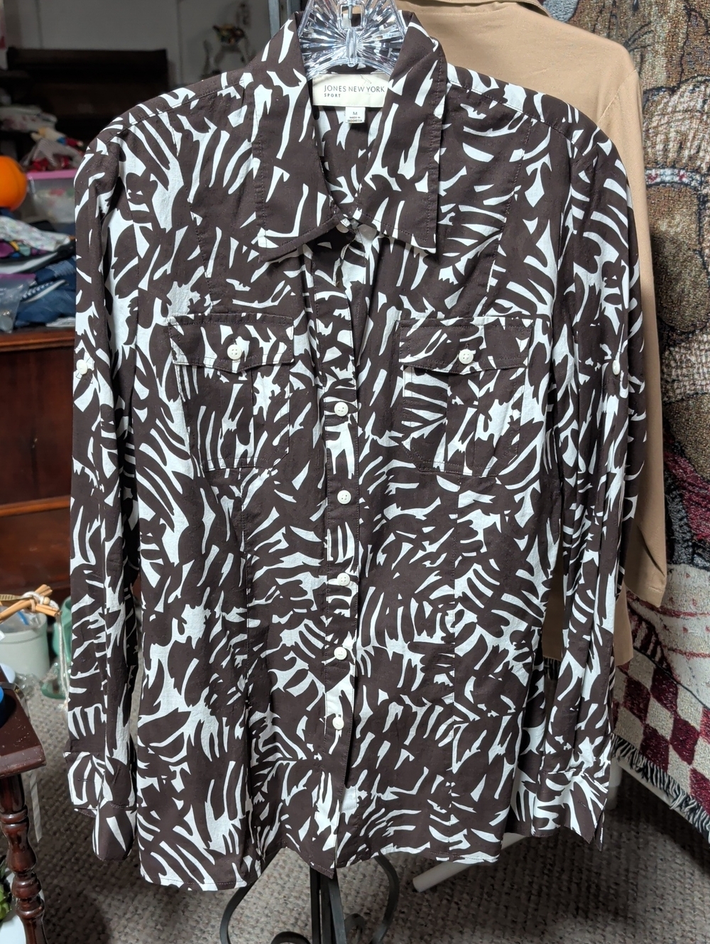 Jones New York Brown and White Abstract Print Button-Down Shirt